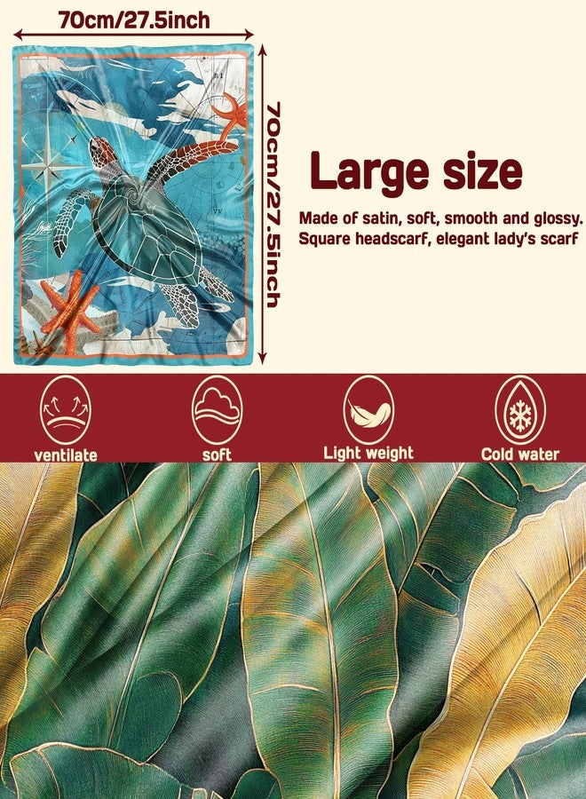 Cabreche 2 PCS Scarf Silk Feeling Square Satin Head Hair Wrap 27.5 Inches Trendy Aesthetic Cute Decoration for Women Girls-Leaf Sea Turtle - Image 2